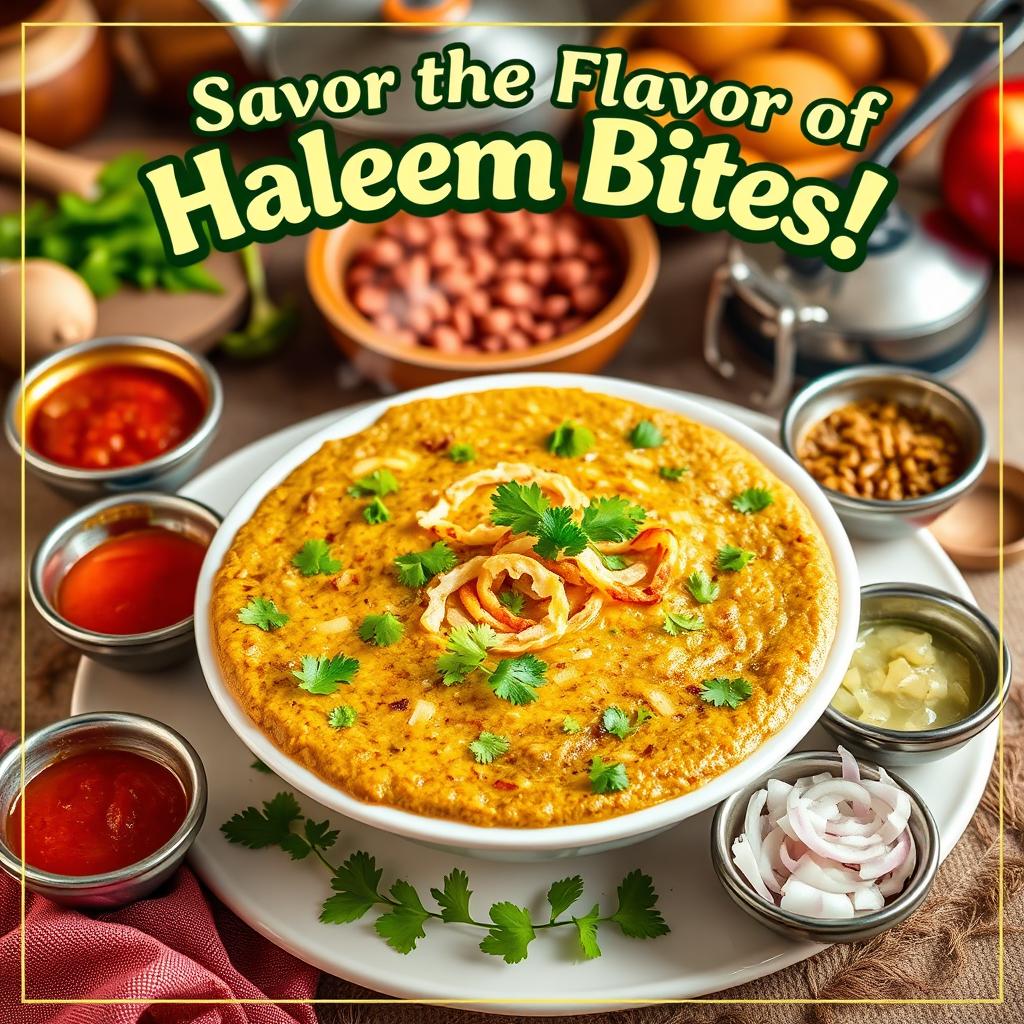 A vibrant and eye-catching poster featuring delectable haleem bites