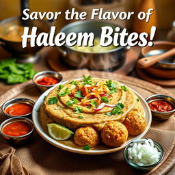 A vibrant and eye-catching poster featuring delectable haleem bites