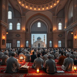 A serene and peaceful scene depicting a traditional Islamic I'tikaf setting in a mosque during the holy month of Ramadan