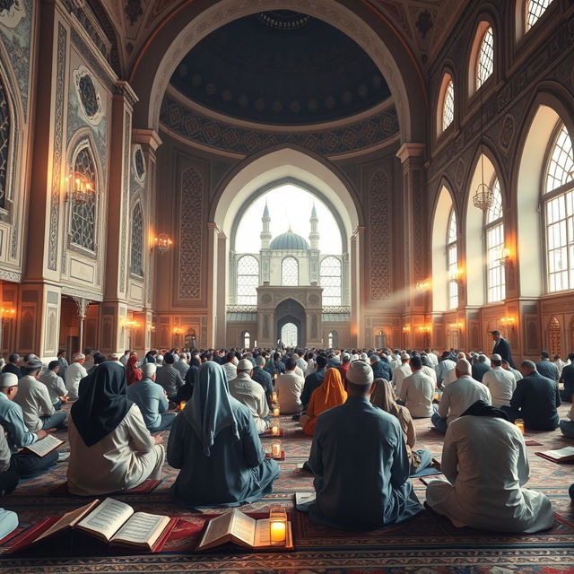 A serene and peaceful scene depicting a traditional Islamic I'tikaf setting in a mosque during the holy month of Ramadan