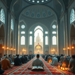 A serene and peaceful scene depicting a traditional Islamic I'tikaf setting in a mosque during the holy month of Ramadan