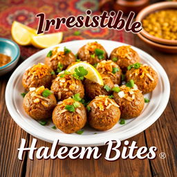 A vibrant and enticing poster showcasing a platter of freshly prepared haleem bites