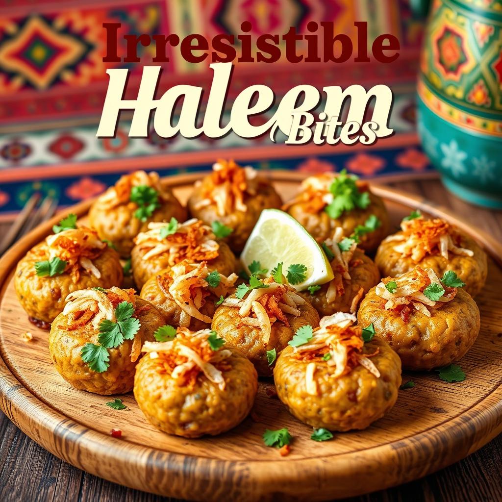 A vibrant and enticing poster showcasing a platter of freshly prepared haleem bites