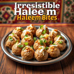 A vibrant and enticing poster showcasing a platter of freshly prepared haleem bites