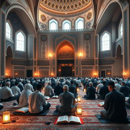 A serene and peaceful scene depicting a traditional Islamic I'tikaf setting in a mosque during the holy month of Ramadan