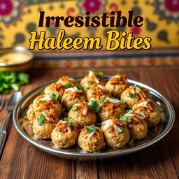 A vibrant and enticing poster showcasing a platter of freshly prepared haleem bites