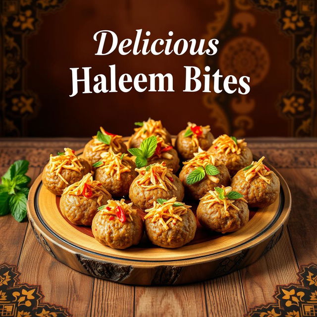 A captivating poster featuring a delectable assortment of haleem bites, artistically arranged on a rustic wooden platter