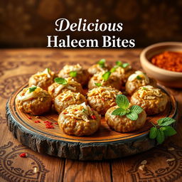 A captivating poster featuring a delectable assortment of haleem bites, artistically arranged on a rustic wooden platter