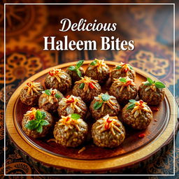 A captivating poster featuring a delectable assortment of haleem bites, artistically arranged on a rustic wooden platter