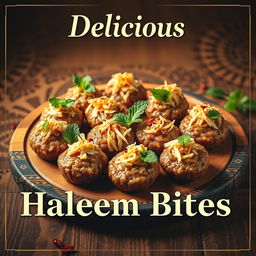 A captivating poster featuring a delectable assortment of haleem bites, artistically arranged on a rustic wooden platter