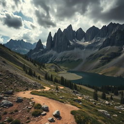 A rugged mountain landscape with rocky cliffs towering against a dramatic sky, dotted with sharp peaks and valleys