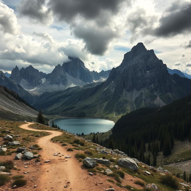 A rugged mountain landscape with rocky cliffs towering against a dramatic sky, dotted with sharp peaks and valleys