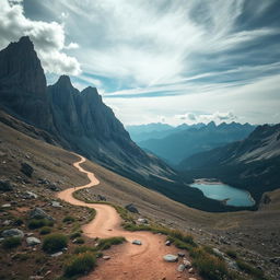 A rugged mountain landscape with rocky cliffs towering against a dramatic sky, dotted with sharp peaks and valleys