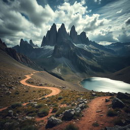 A rugged mountain landscape with rocky cliffs towering against a dramatic sky, dotted with sharp peaks and valleys