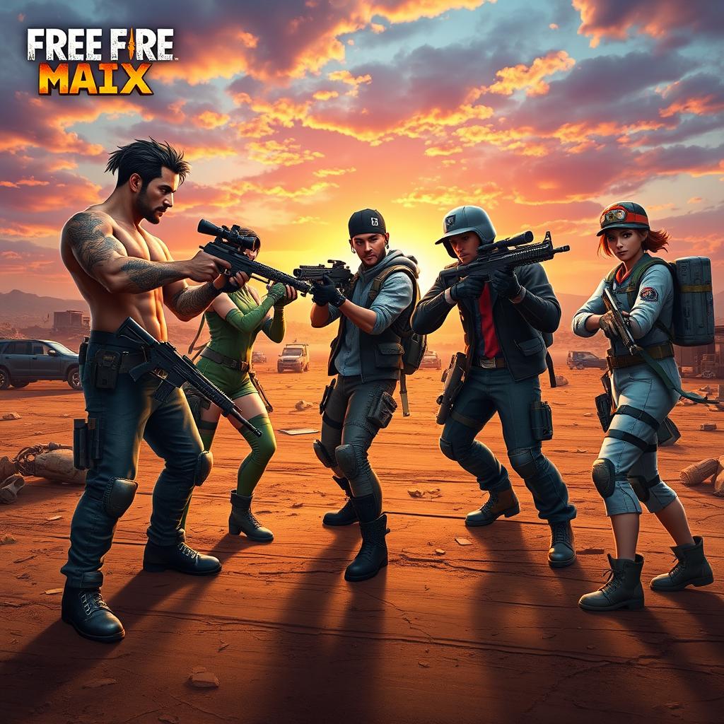 An intense scene from the mobile game Free Fire Max, showcasing a squad of four diverse and stylish characters in an engaging battle stance in an open battleground