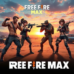 An intense scene from the mobile game Free Fire Max, showcasing a squad of four diverse and stylish characters in an engaging battle stance in an open battleground