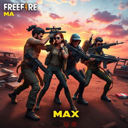 An intense scene from the mobile game Free Fire Max, showcasing a squad of four diverse and stylish characters in an engaging battle stance in an open battleground