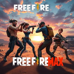 An intense scene from the mobile game Free Fire Max, showcasing a squad of four diverse and stylish characters in an engaging battle stance in an open battleground
