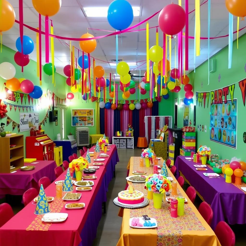 A festive and inviting party room filled with colorful decorations, balloons, and streamers hanging from the ceiling