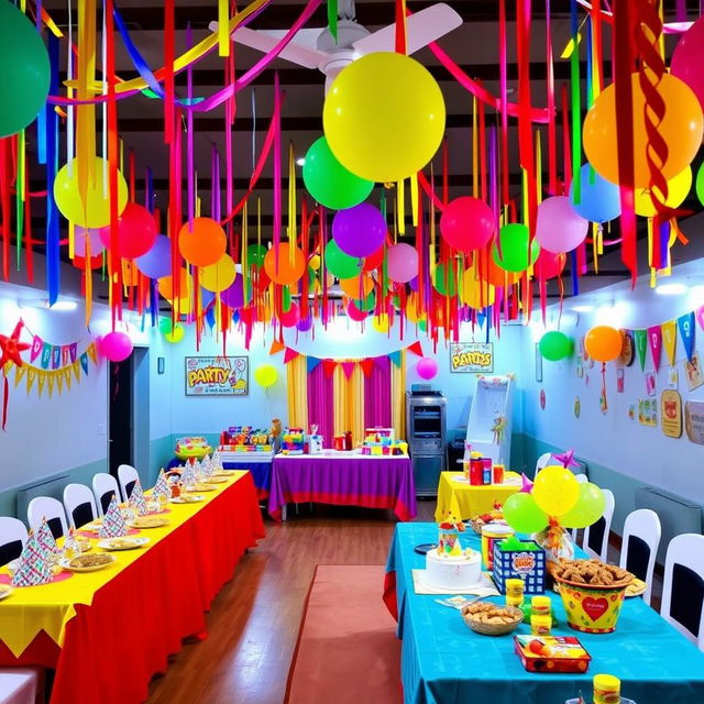 A festive and inviting party room filled with colorful decorations, balloons, and streamers hanging from the ceiling