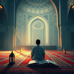 An artistic representation of an Islamic I'tikaf scene, depicting a serene space in a mosque with soft, warm lighting