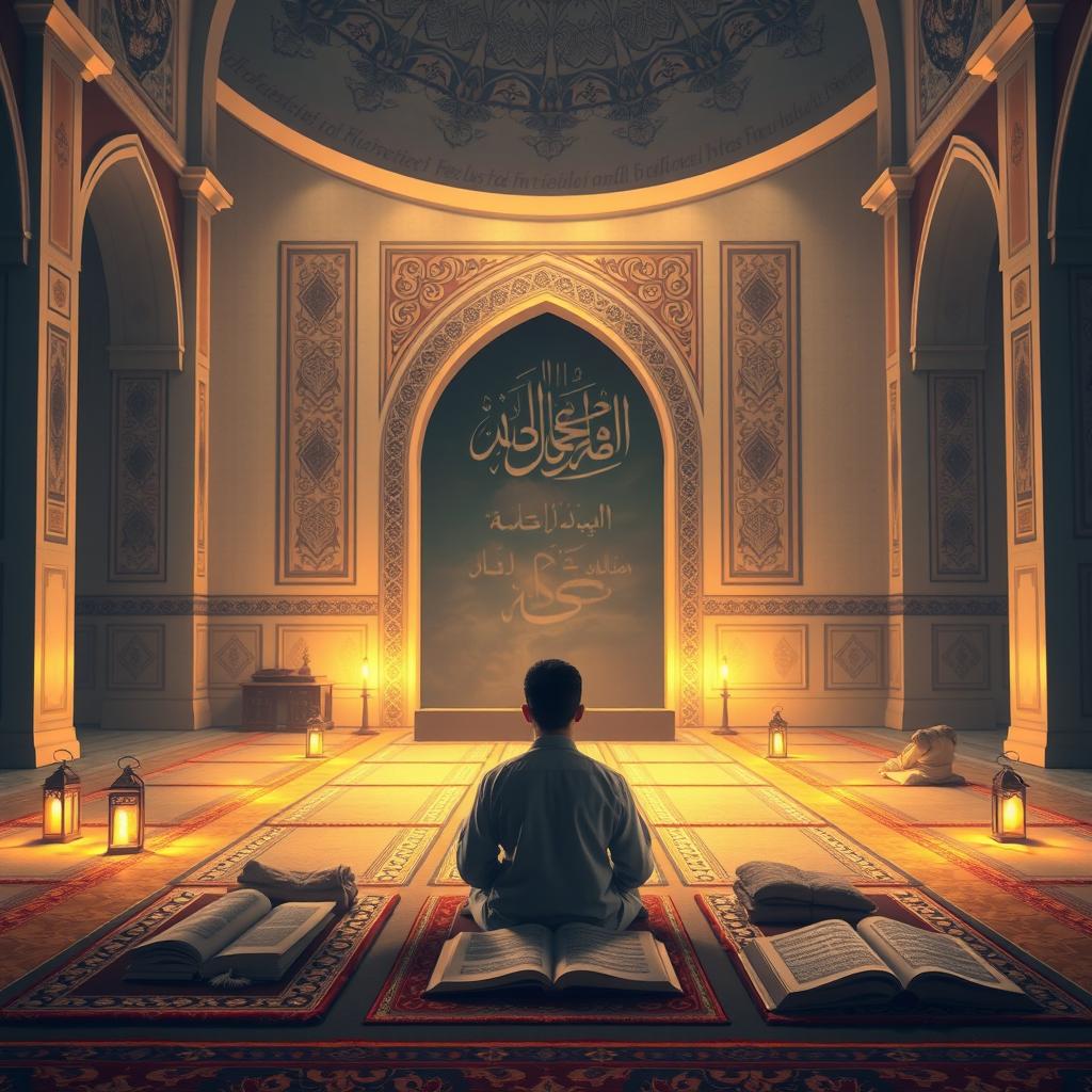 An artistic representation of an Islamic I'tikaf scene, depicting a serene space in a mosque with soft, warm lighting