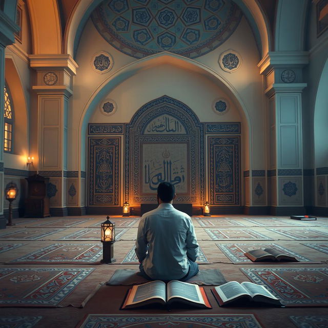 An artistic representation of an Islamic I'tikaf scene, depicting a serene space in a mosque with soft, warm lighting