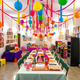 A festive and inviting party room filled with colorful decorations, balloons, and streamers hanging from the ceiling