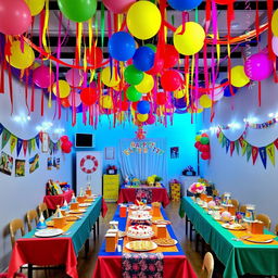 A festive and inviting party room filled with colorful decorations, balloons, and streamers hanging from the ceiling