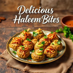 An eye-catching poster featuring an exquisite variety of haleem bites, meticulously arranged on a decorative plate