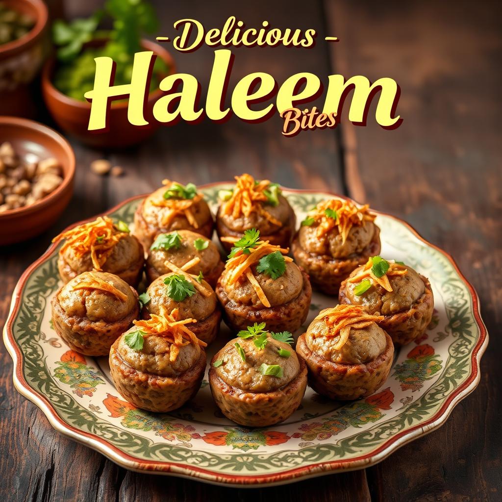 An eye-catching poster featuring an exquisite variety of haleem bites, meticulously arranged on a decorative plate