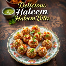 An eye-catching poster featuring an exquisite variety of haleem bites, meticulously arranged on a decorative plate