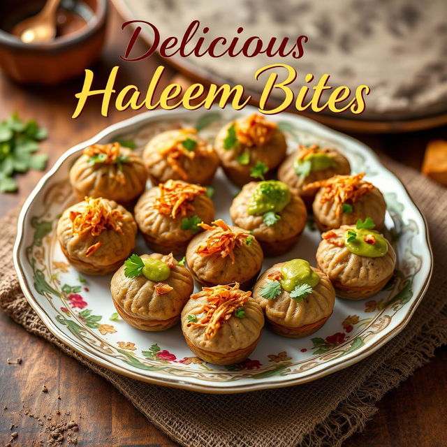 An eye-catching poster featuring an exquisite variety of haleem bites, meticulously arranged on a decorative plate