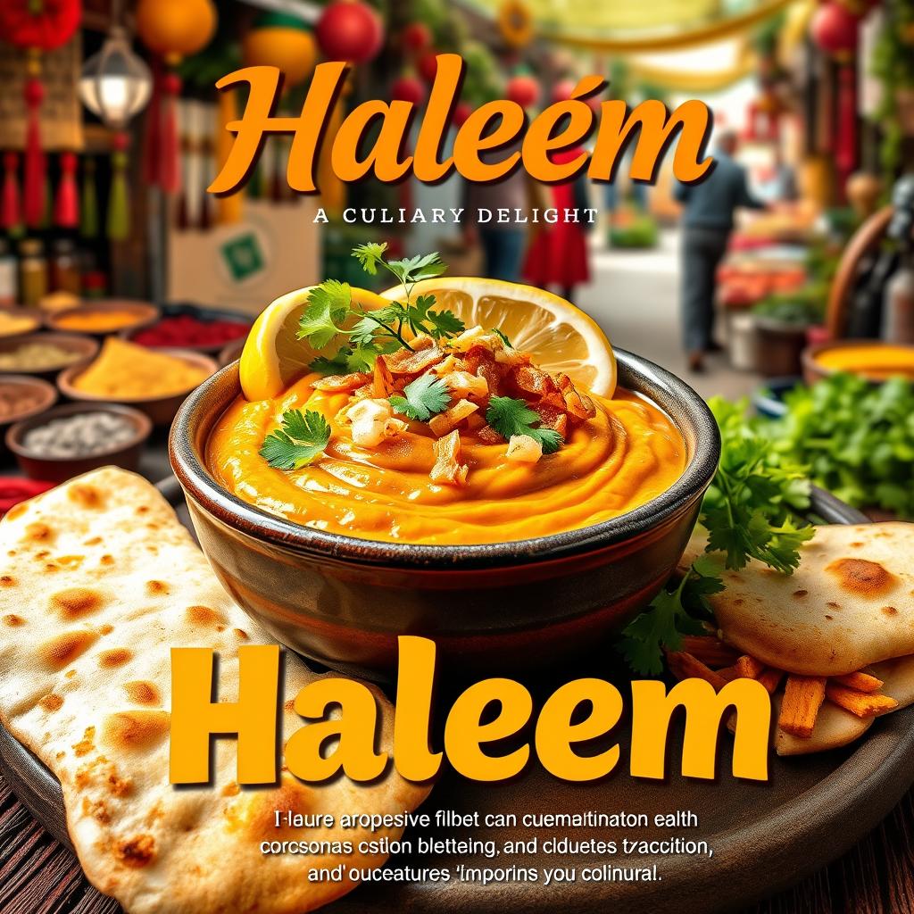 A vibrant and colorful poster celebrating Haleem, an aromatic and traditional Middle Eastern dish