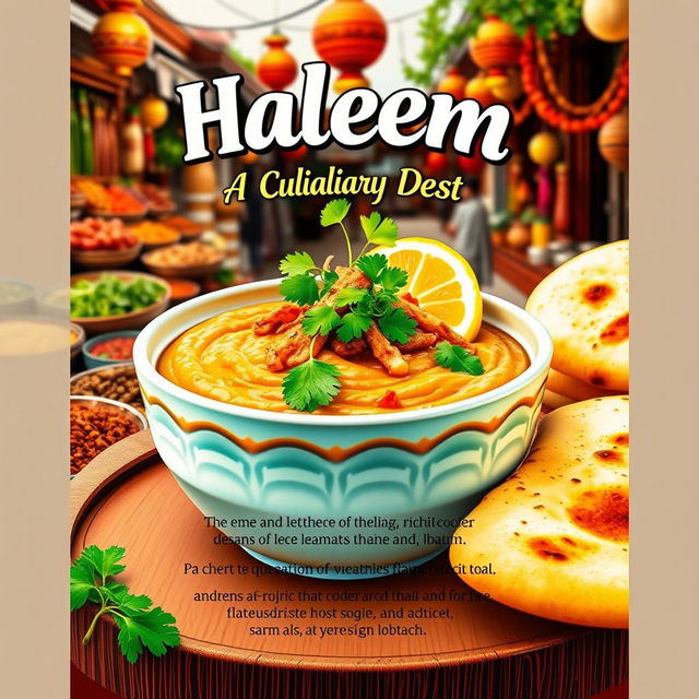 A vibrant and colorful poster celebrating Haleem, an aromatic and traditional Middle Eastern dish