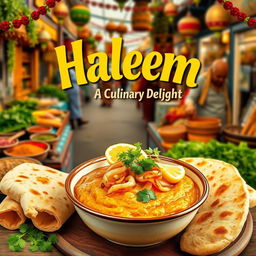 A vibrant and colorful poster celebrating Haleem, an aromatic and traditional Middle Eastern dish