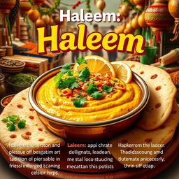 A vibrant and colorful poster celebrating Haleem, an aromatic and traditional Middle Eastern dish
