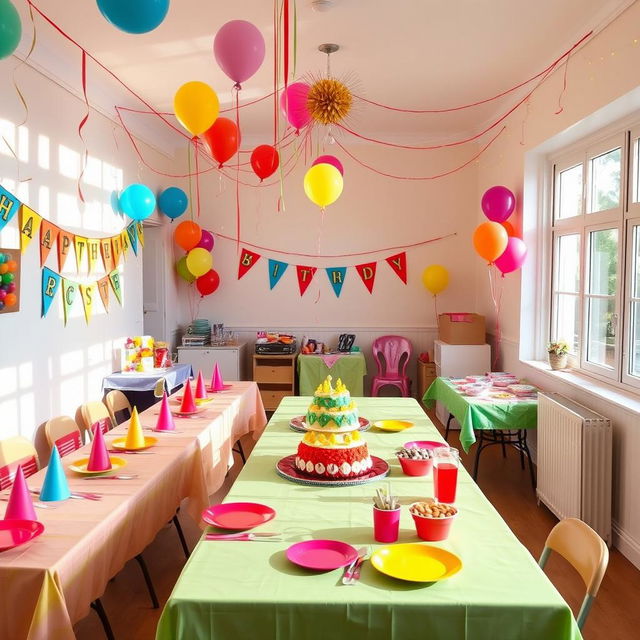 A charming party room with large windows on the right side, allowing natural light to flood the space