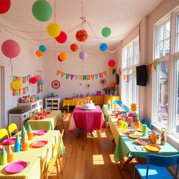 A charming party room with large windows on the right side, allowing natural light to flood the space