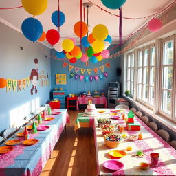 A charming party room with large windows on the right side, allowing natural light to flood the space