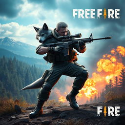 A dynamic scene featuring a lone wolf warrior in a vibrant and intense video game setting inspired by the game Free Fire