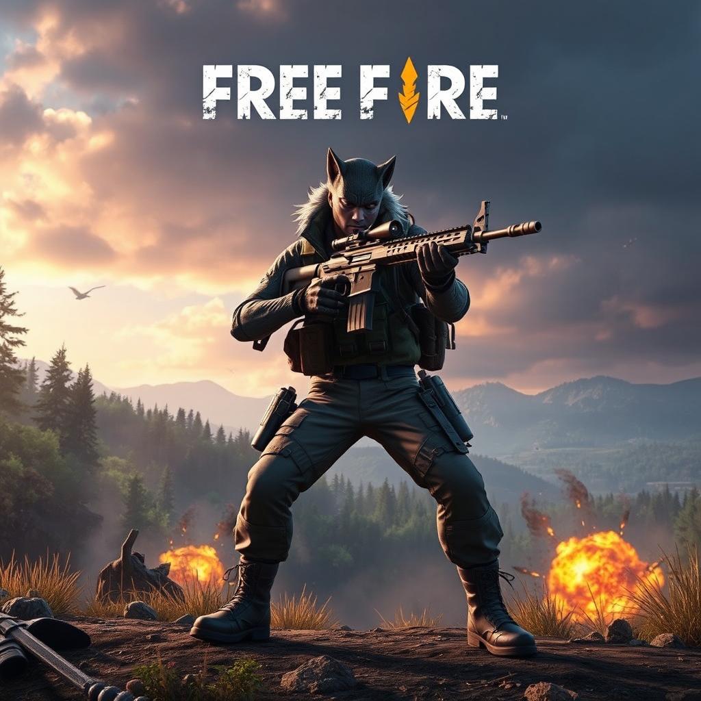 A dynamic scene featuring a lone wolf warrior in a vibrant and intense video game setting inspired by the game Free Fire