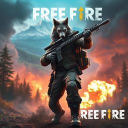 A dynamic scene featuring a lone wolf warrior in a vibrant and intense video game setting inspired by the game Free Fire