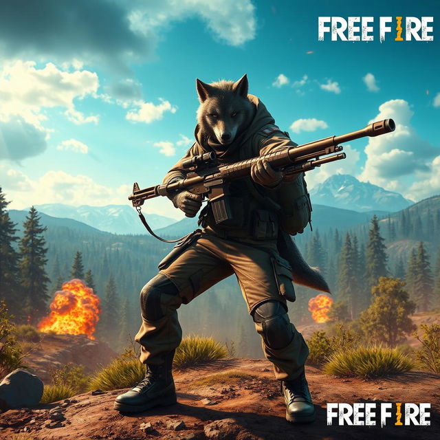 A dynamic scene featuring a lone wolf warrior in a vibrant and intense video game setting inspired by the game Free Fire