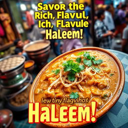 A vibrant and colorful poster showcasing a delicious plate of haleem, an aromatic and hearty traditional dish, garnished with fresh coriander leaves, crispy fried onions, and served in a traditional bowl