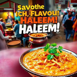 A vibrant and colorful poster showcasing a delicious plate of haleem, an aromatic and hearty traditional dish, garnished with fresh coriander leaves, crispy fried onions, and served in a traditional bowl