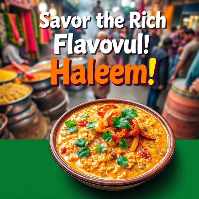 A vibrant and colorful poster showcasing a delicious plate of haleem, an aromatic and hearty traditional dish, garnished with fresh coriander leaves, crispy fried onions, and served in a traditional bowl