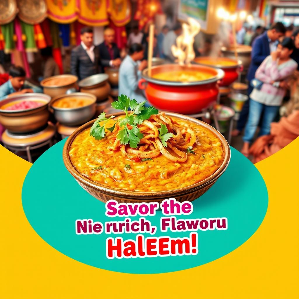 A vibrant and colorful poster showcasing a delicious plate of haleem, an aromatic and hearty traditional dish, garnished with fresh coriander leaves, crispy fried onions, and served in a traditional bowl