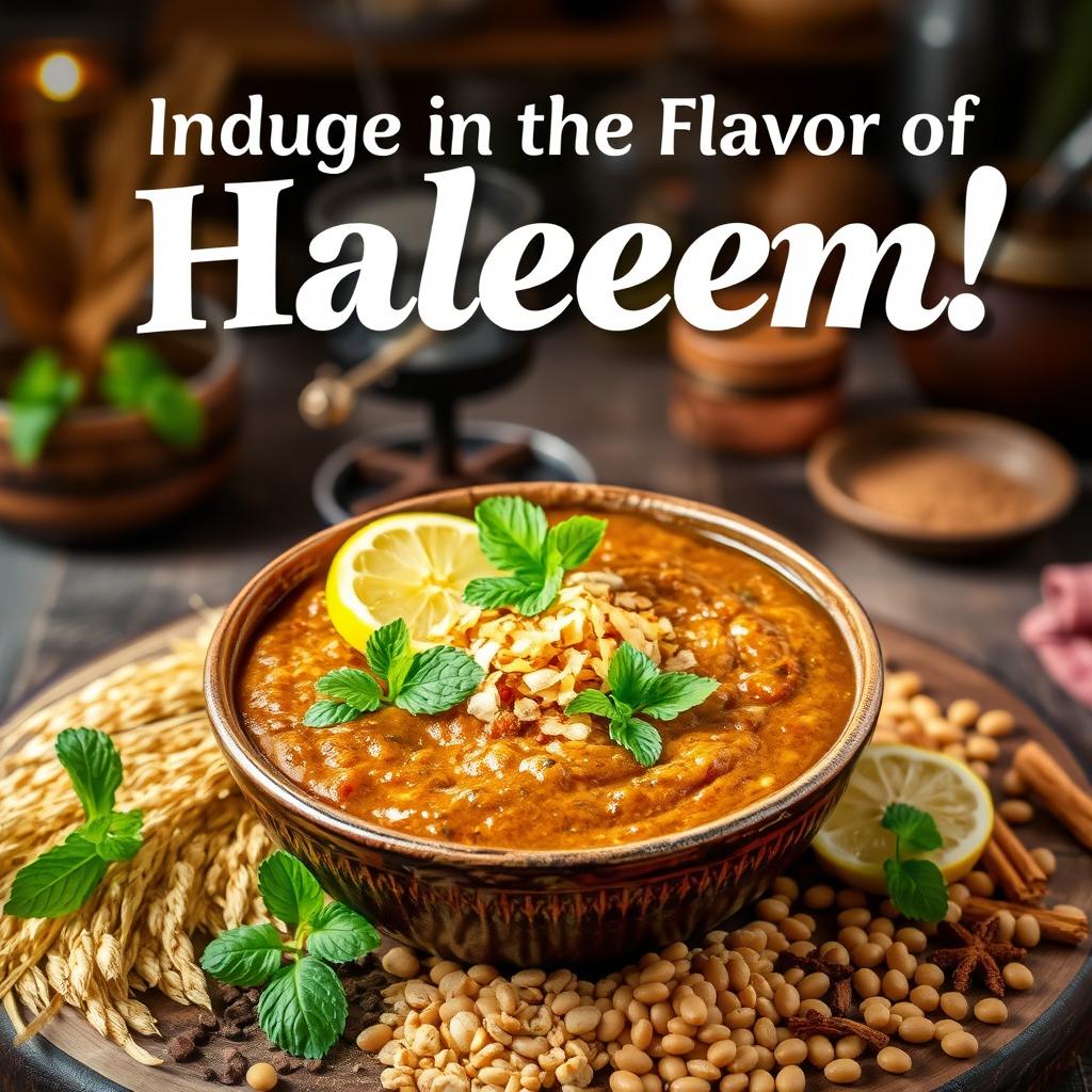 A captivating poster featuring a steaming bowl of haleem, a rich and savory traditional dish