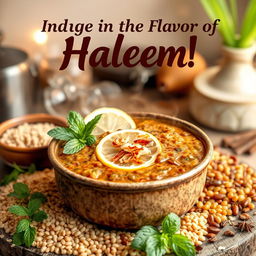 A captivating poster featuring a steaming bowl of haleem, a rich and savory traditional dish